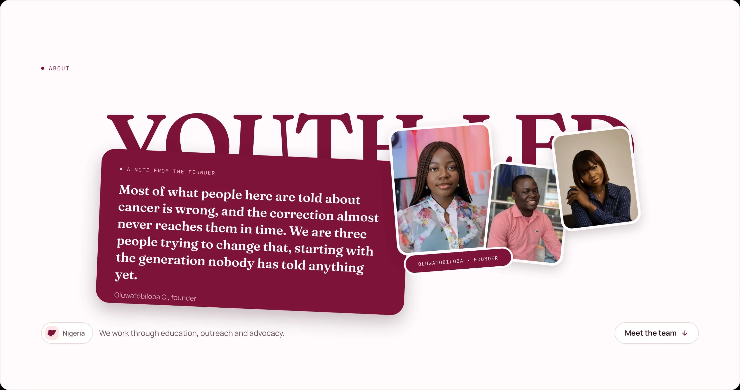 The About page hero: the words YOUTH-LED set oversized behind a wine card carrying a note from the founder, with three tilted team portraits to the right