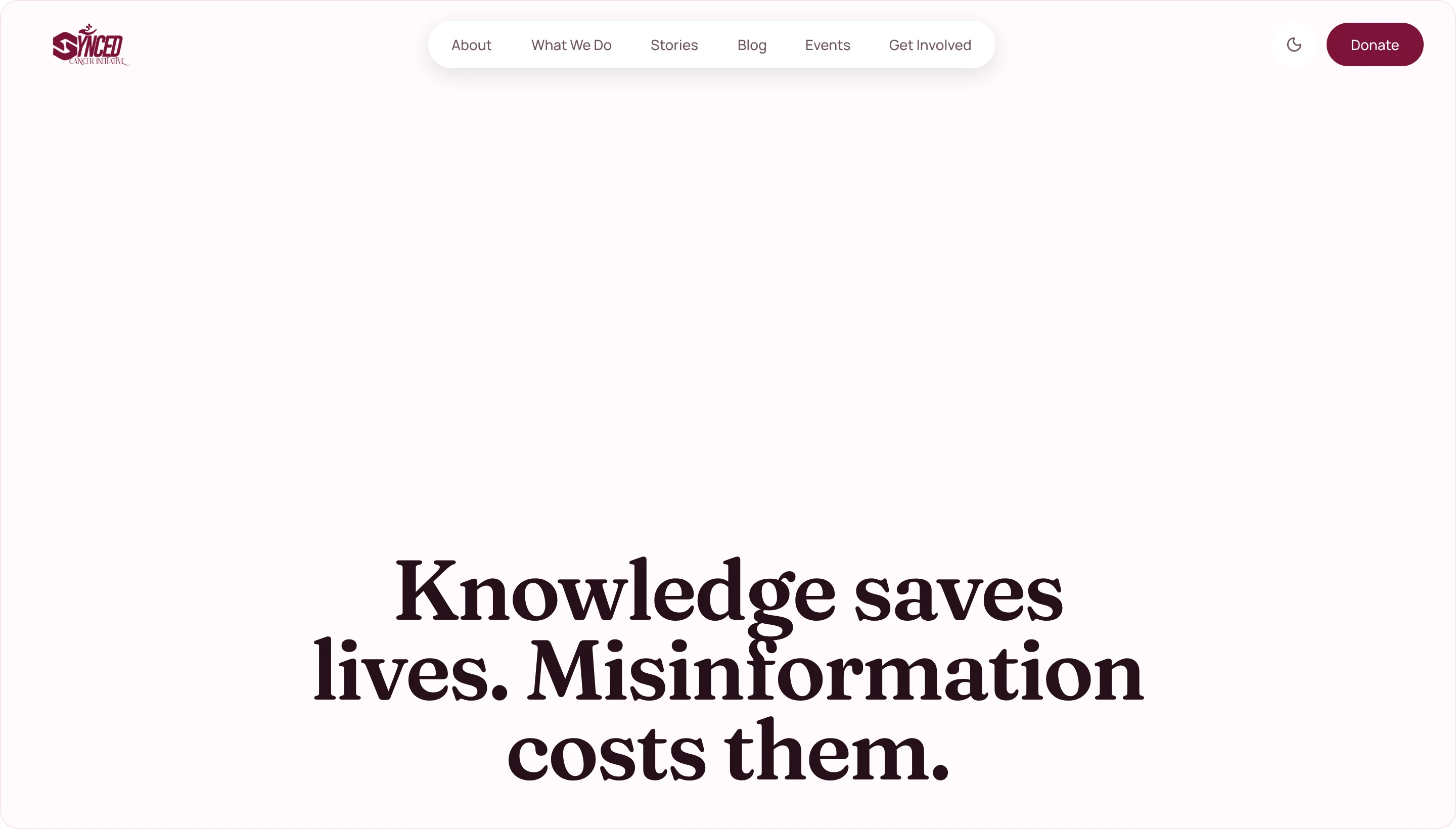 Hero attempt one: a giant serif headline anchored centre-page on a blush ground