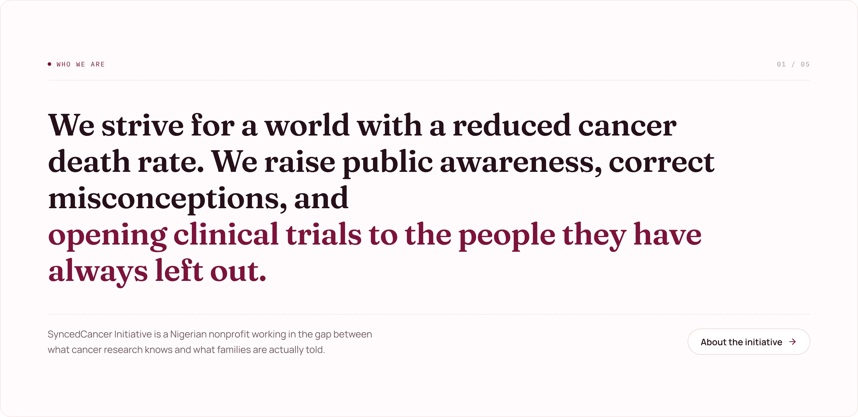 The Who We Are section of the Synced Cancer homepage