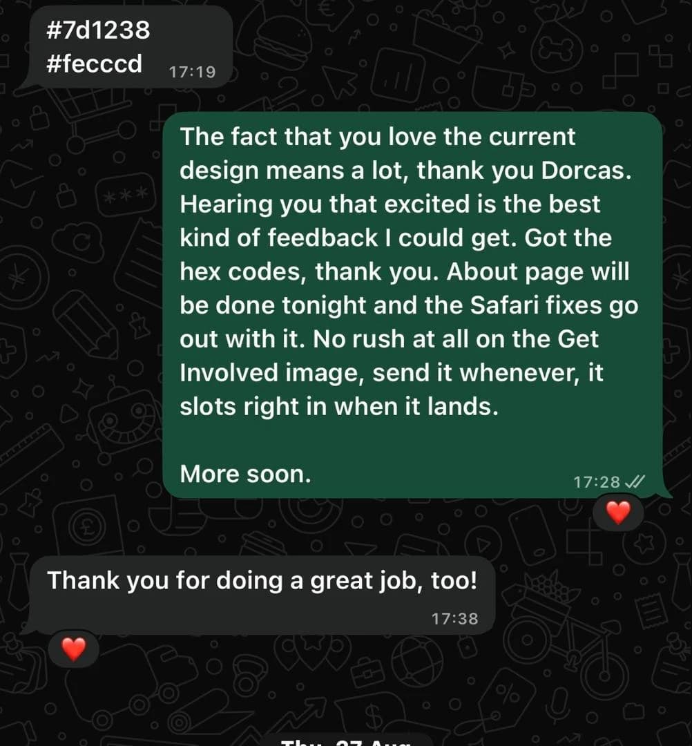 WhatsApp message from Dorcas containing the two hex codes, 7d1238 and fecccd
