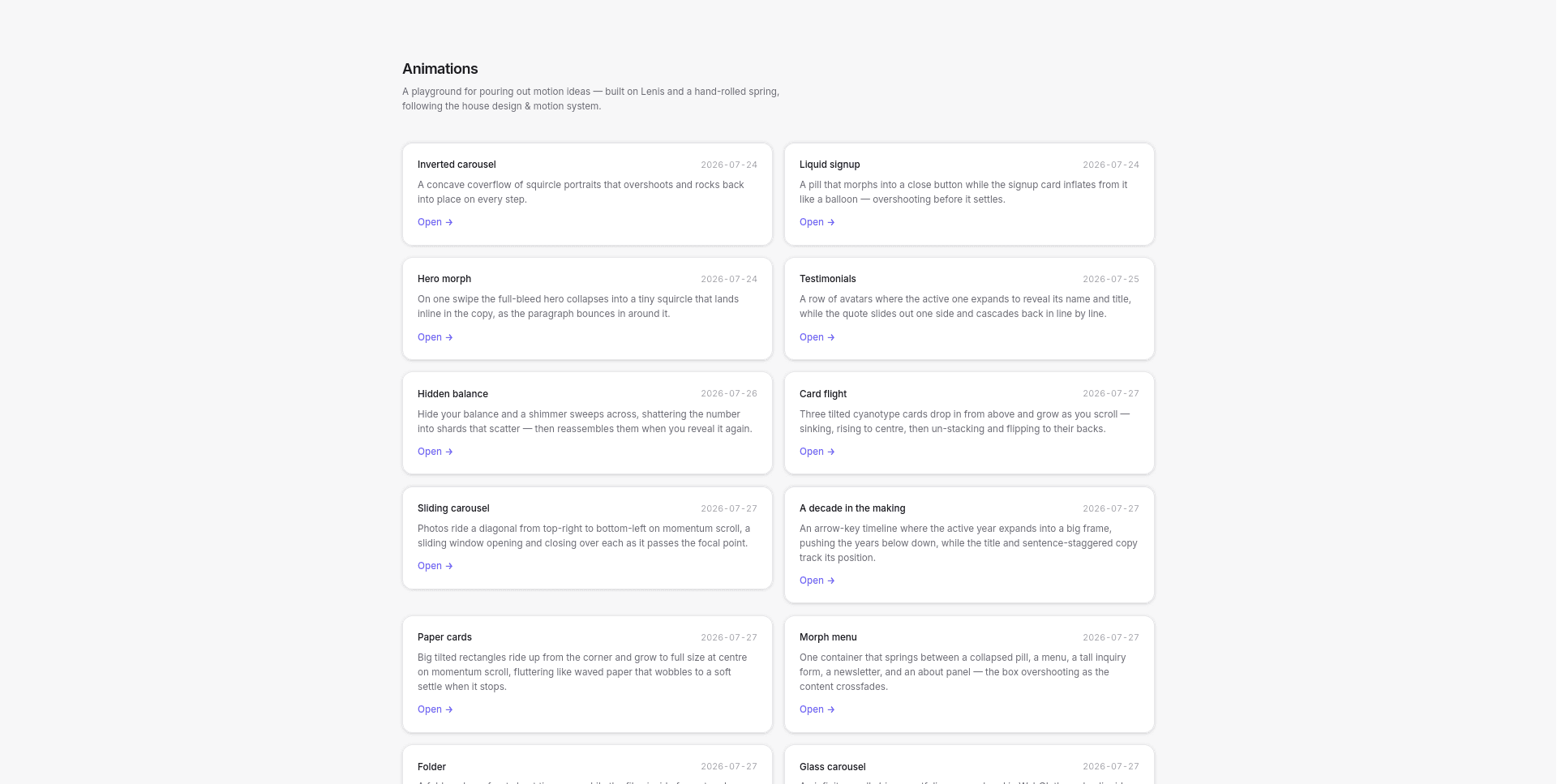 Animations playground homepage